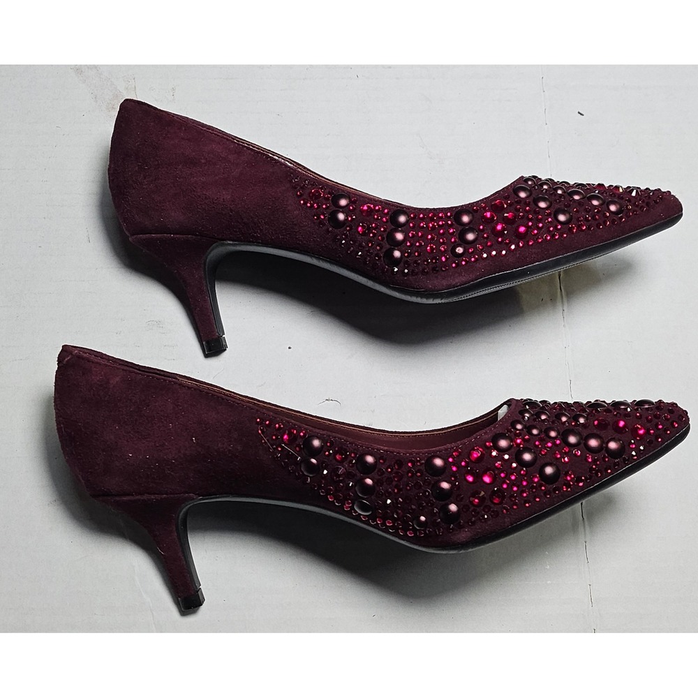 Isaac Mizrahi Live Embellished Velvet‎ Block Heel Pumps Wine Burgundy Womens 6M - Picture 4 of 11